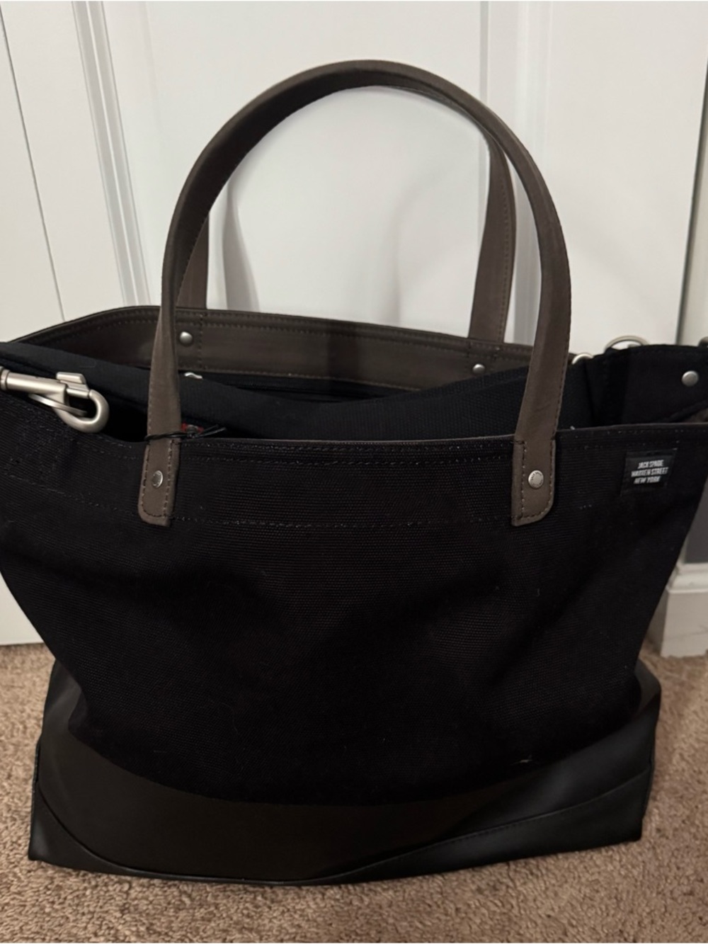 Jack Spade Black Canvas Messenger Tote with Brown Leather Handles - Picture 3 of 7